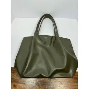 Neiman Marcus Olive Green Faux Leather Slouchy Tote Shoulder Bag Minimalist